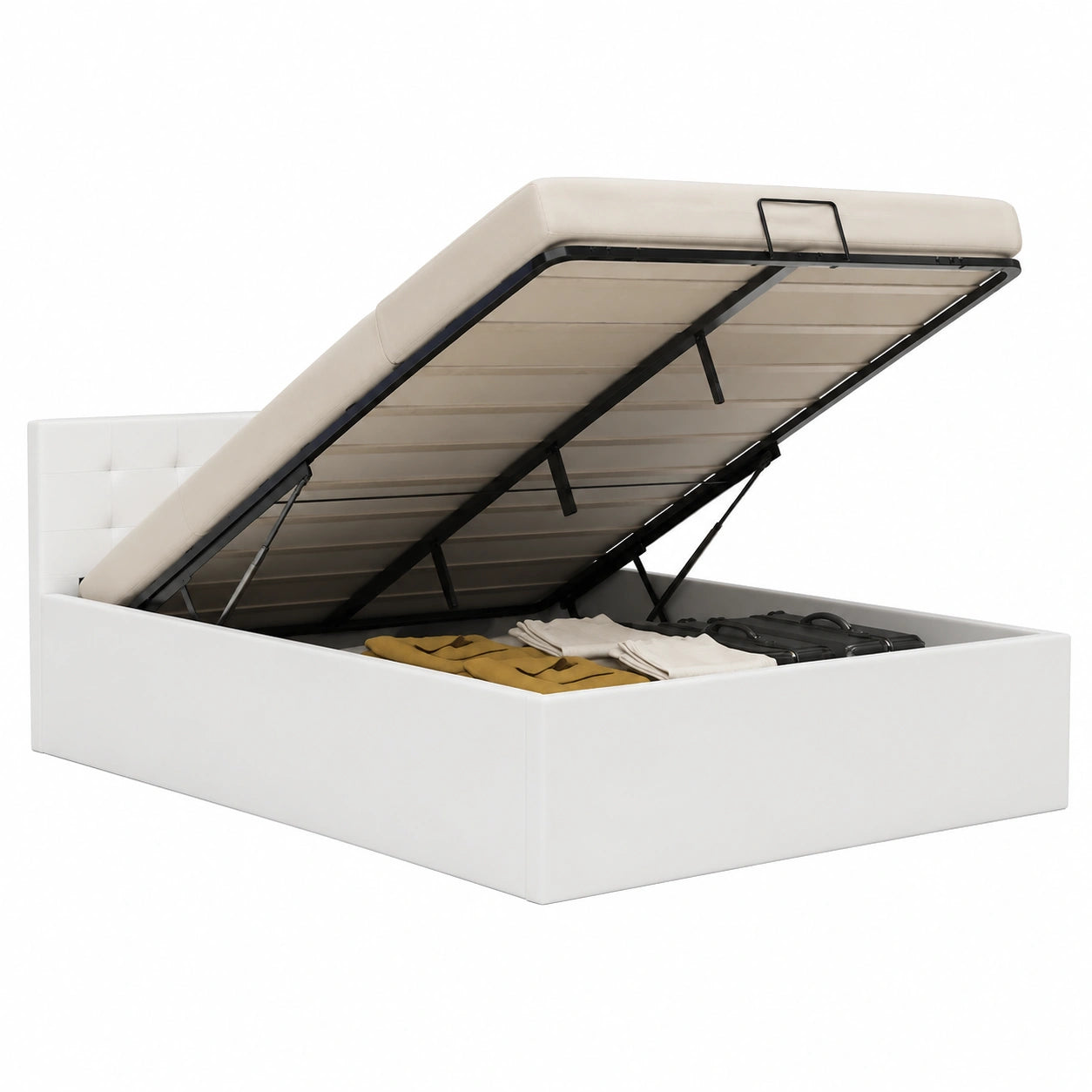 Cama Homgoday Hidráulica Blanca de Piel Sintética 140x200 cm con Almacenamiento
