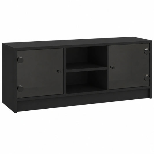 Mueble para TV con puertas de cristal negras, 102 x 37 x 42 cm, centro de entretenimiento moderno